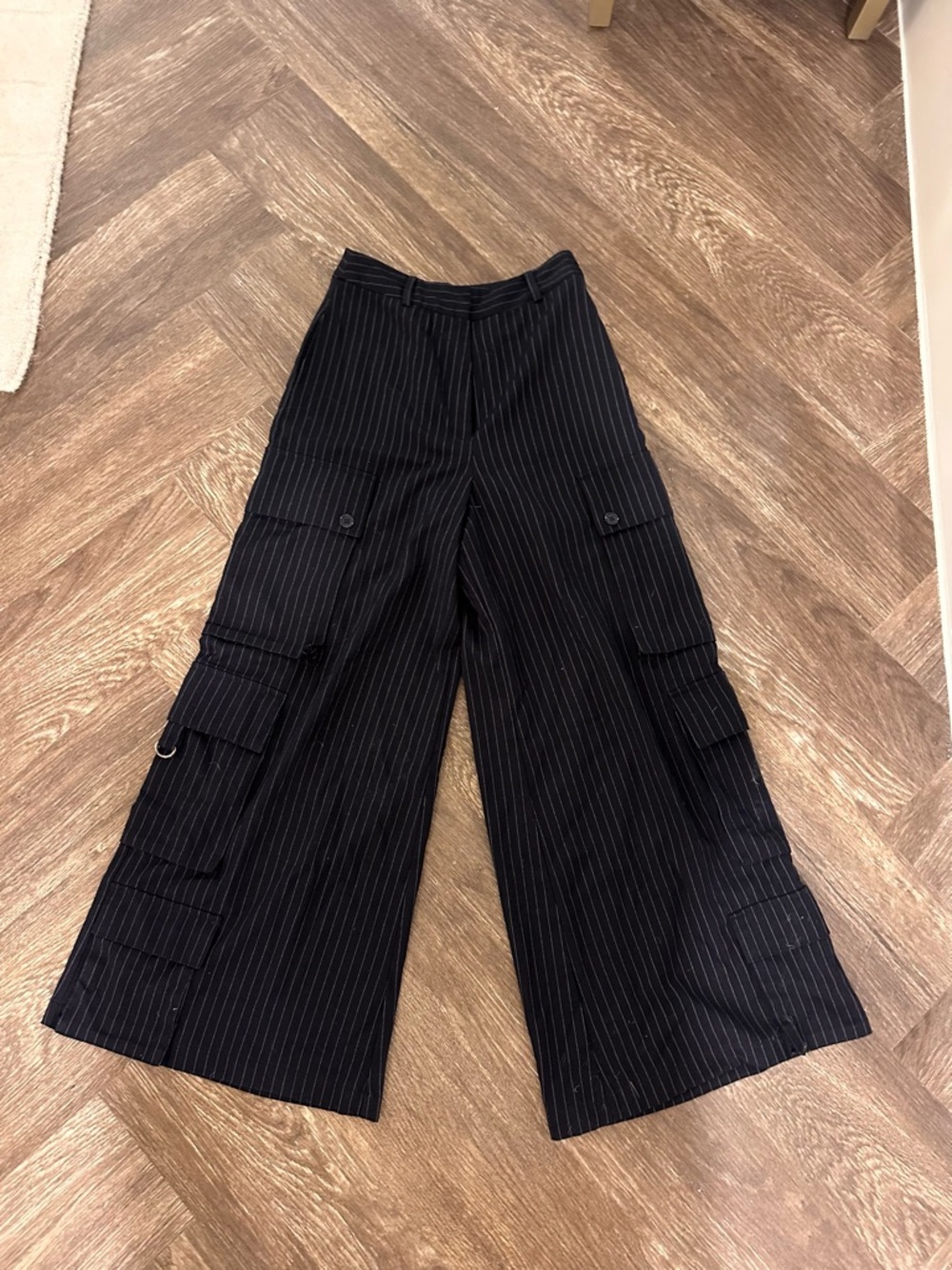 Anthropologie Navy Pinstripe Wide-Leg Cargo Pants